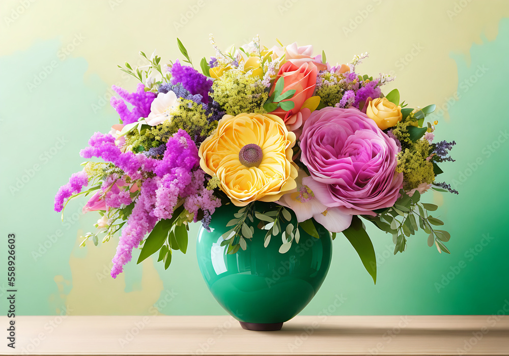 Beautiful, vivid, colorful mixed flower bouquet still life detail Generative AI