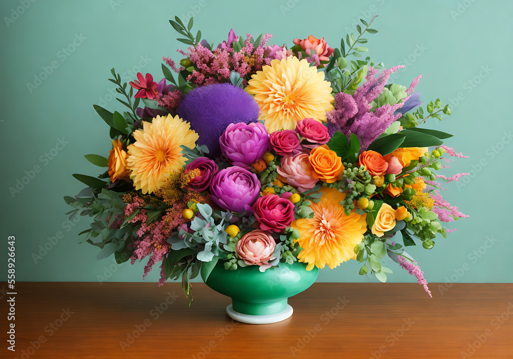 Beautiful, vivid, colorful mixed flower bouquet still life detail Generative AI