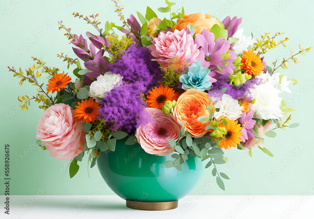 Beautiful, vivid, colorful mixed flower bouquet still life detail Generative AI