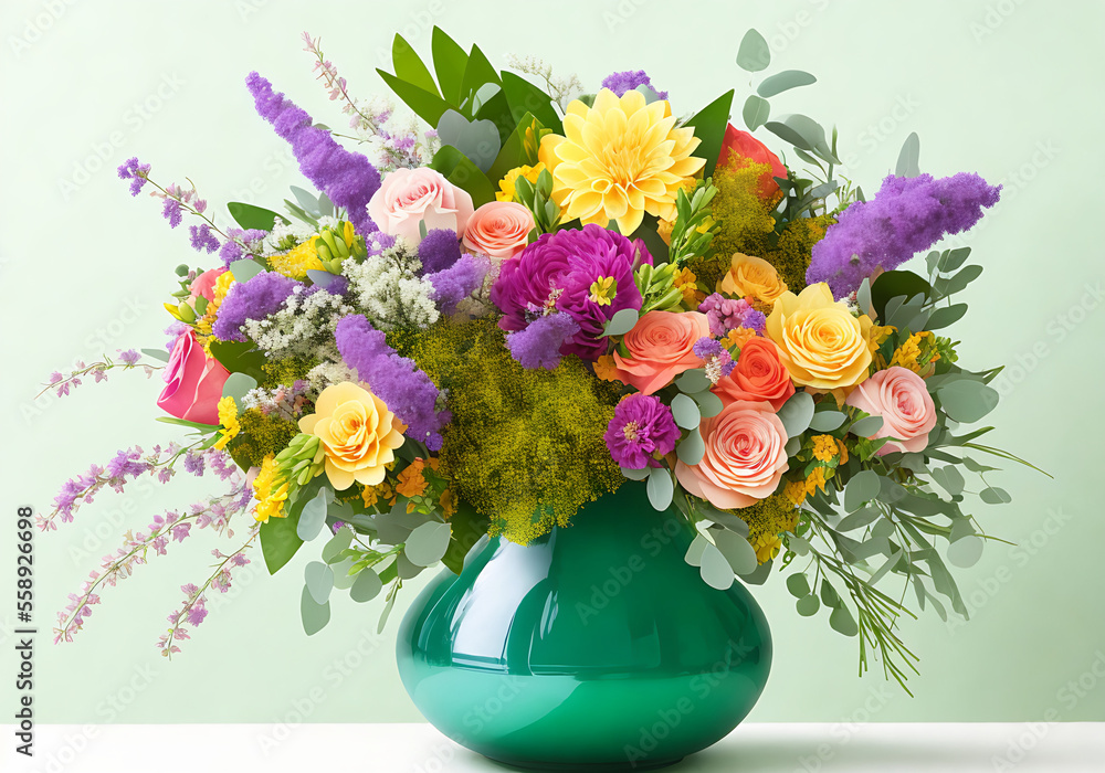 Floral bouquet using a unique arrangement of flowers with pastel hues and tones. Studio setting clean backdrop Generative AI