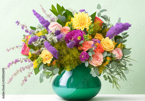 Floral bouquet using a unique arrangement of flowers with pastel hues and tones. Studio setting clean backdrop Generative AI