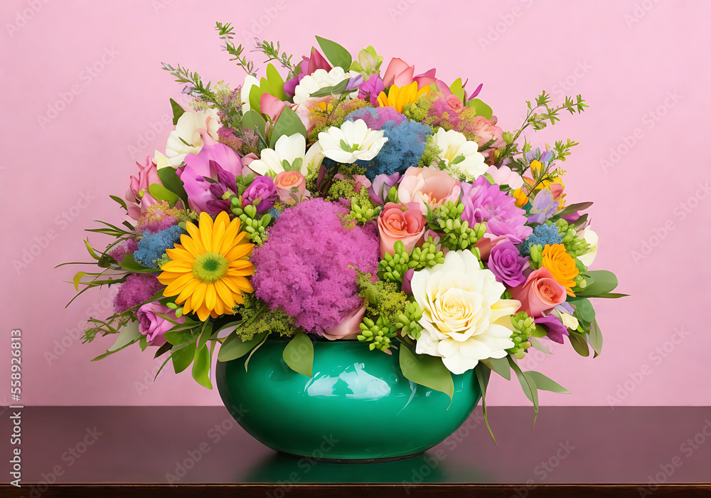 Floral bouquet using a unique arrangement of flowers with pastel hues and tones. Studio setting clean backdrop Generative AI