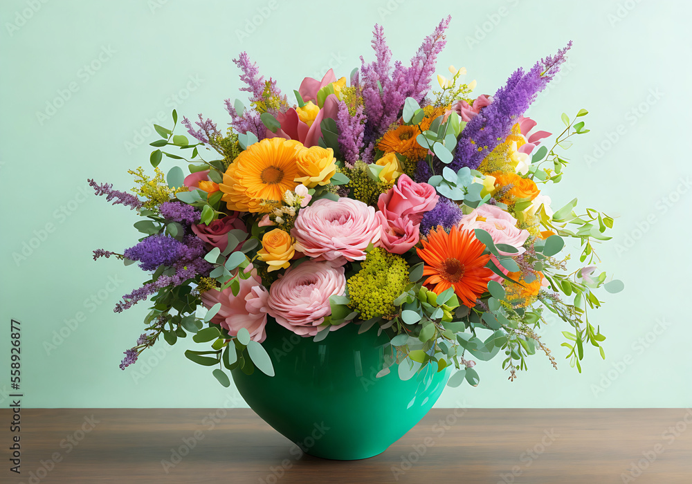 Floral bouquet using a unique arrangement of flowers with pastel hues and tones. Studio setting clean backdrop Generative AI