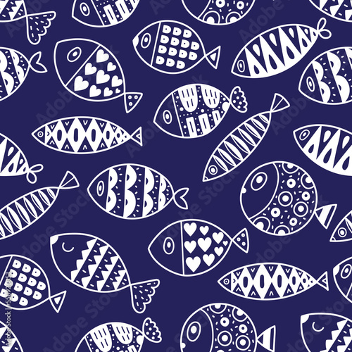 Cute retro seamless pattern with blue fish on white background. Can be used in textile industry, paper, background, scrapbooking.Vector.