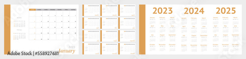Vector calendar for 2023, 2024, 2025. Diary-planner in a minimalist style. Corporate and business calendar. 2023 calendar in minimal table and mustard event planner, week starts on sunday.