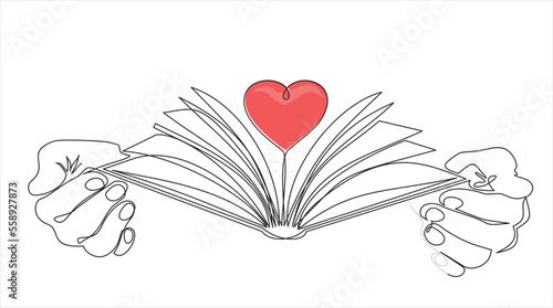 continuous one line drawing of a hands holding open book flying pages with heart. Human hands holding a book. Vector minimalism design isolated on white background