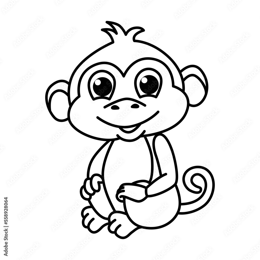 Cute monkey cartoon characters vector illustration. For kids coloring book.
