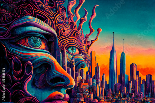 a hyper surrealistic psychedelic detailed digital painting. Dynamic pose, Color Grading and High detailed. Fit for book cover, wallpaper, banner, digital music album cover, background.