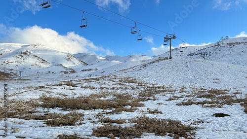 ski resort in the mountains. Ski slopes landscape. Snow melting
