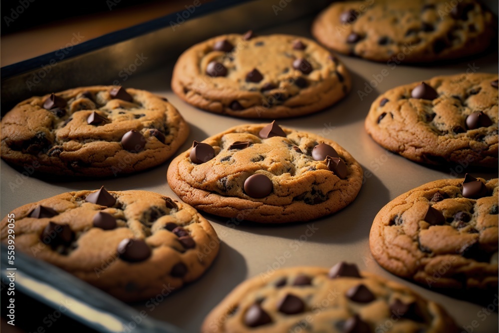 a tray of chocolate chip cookies with chocolate chips on top of them. a tray of chocolate chip cookies with chocolate chips on top of them.