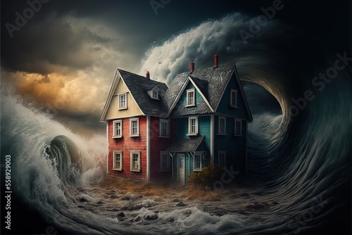 a house in a wave with a stormy sky behind it and a large wave in the air behind it.