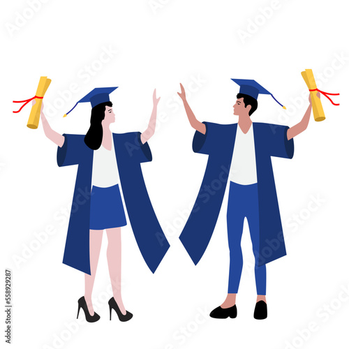 Two university graduates on a white background.