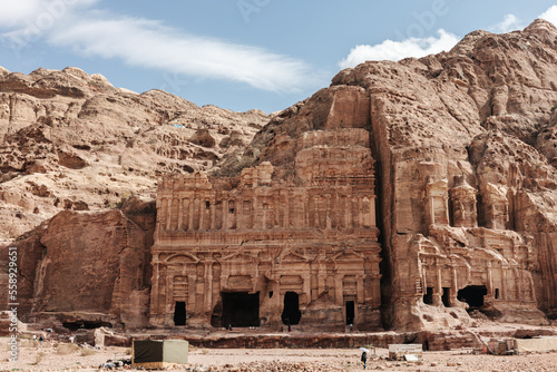 Stone tombs carved into the mountain in the ancient city of Petra in Jordan