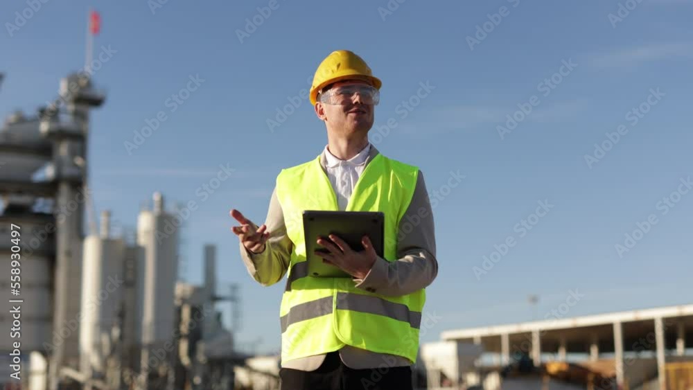 A professional engineer a heavy industry worker, an inspector dressed in a protective uniform and a helmet with a tablet computer stands and communicates with a group of people on camera. A professional engineer a heavy industry worker, an inspector dressed in a protective uniform and a helmet with a tablet computer stands and communicates with a group of people on camera.