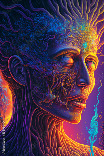 a hyper surrealistic psychedelic detailed digital painting. Dynamic pose, Color Grading and High detailed. Fit for book cover, wallpaper, banner, digital music album cover, background.