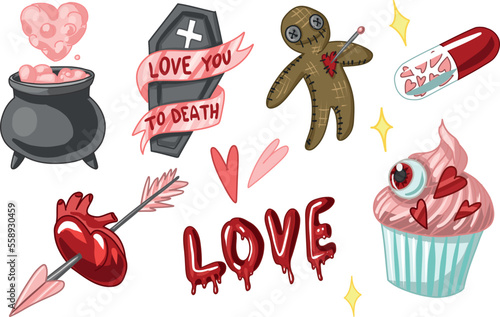 Set Creepy Valentine clipart, Spooky Valentine, Pastel Goth digital stickers, Alternative Valentine day vector EPS10