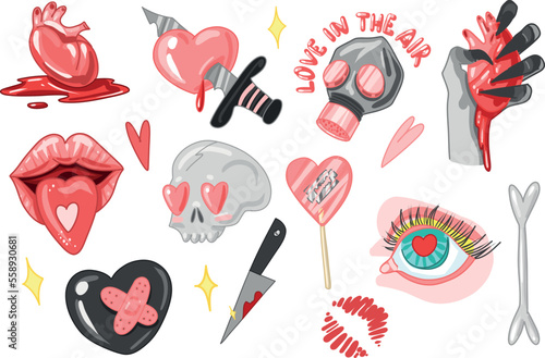 Set Creepy Valentine clipart, Spooky Valentine, Pastel Goth digital stickers, Alternative Valentine day vector EPS10