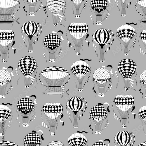 Vintage hot air balloon pattern. Different balloon aerostat print. Color air balloons texture. Large bag filled with hot gas and basket.
Flying transport. Hand drawn vintage style flight airship. Аir