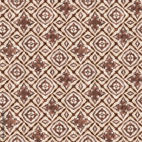 Mosaic geometric dark brown seamless texture pattern. Trendy kaleidoscope woven design for printed fabric. Rough abstract textile design. 