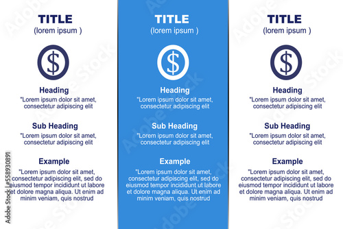 Dollar infographic design Business infographic template with heading, subheading, example and icons steps or processes. photo