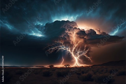 a large cloud with lightning striking over it in the night sky over a desert landscape with a lone tree in the foreground and a distant horizon with a distant horizon of a distant horizon. © Anna