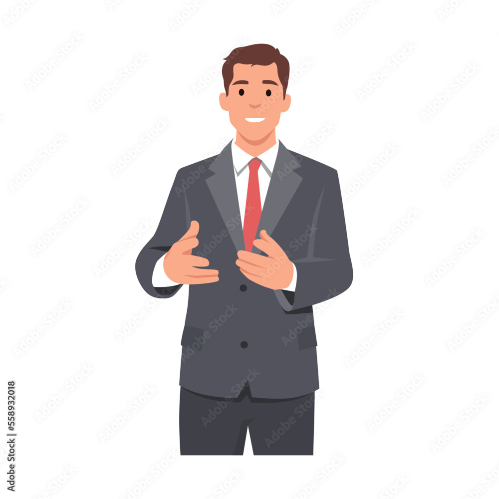 Business man manager in formal suit standing doing demonstrating, showing or presenting gesture with both hands. Salesman speaking. Flat vector illustration isolated on white background Business man manager in formal suit standing doing demonstrating, showing or presenting gesture with both hands. Salesman speaking. Flat vector illustration isolated on white background
