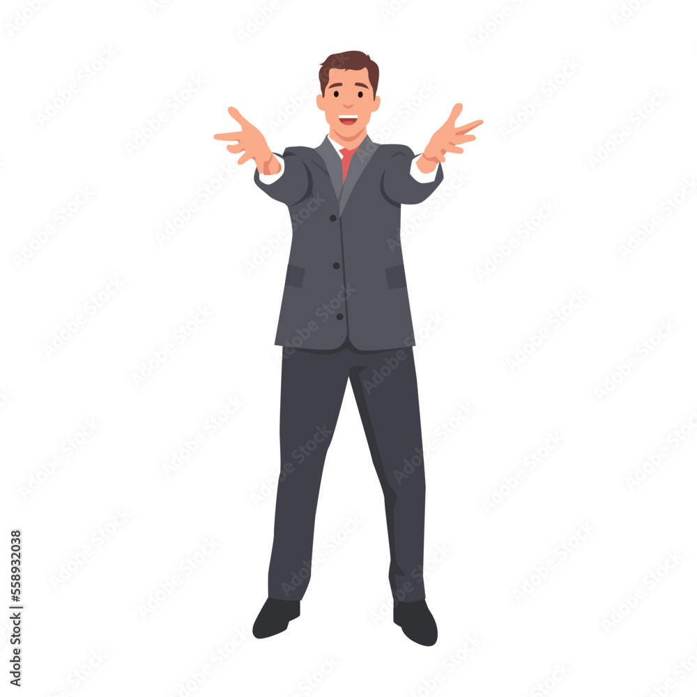 You are welcome! Cheerful business man gesturing welcome sign and smiling amazed. Flat vector illustration isolated on white background You are welcome! Cheerful business man gesturing welcome sign and smiling amazed. Flat vector illustration isolated on white background