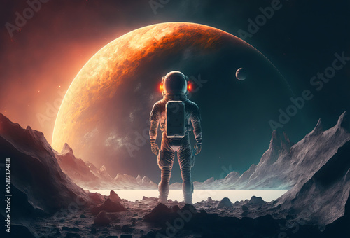 An Astronaut standing on the moon looking at a large earth like planet. Generative ai