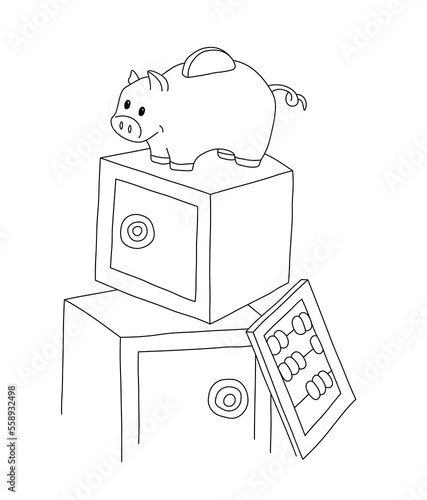 Outline of piggy bank stands on two closed metal safes, there are abacus nearby. Vector illustration on a white background