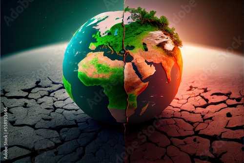 Cracked Earth VS Green Earth Concept. Global Warning. Generative AI