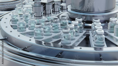 Close up. Vaccine manufacturing, machine puts caps on bottles vials passing on conveyor belt. Clear blue liquid.
Pharmaceutical company production line. 4K Looping 3d footage rendering. photo
