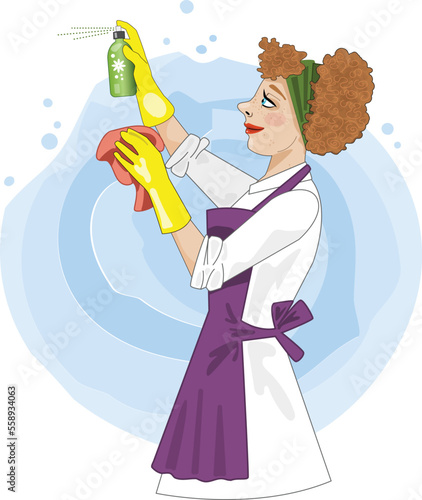 A pretty lady happily using cleaning products