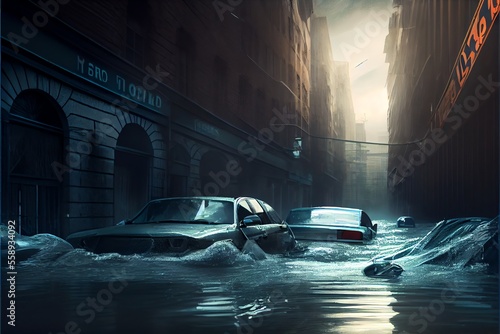 Flooded cars in a city. Generative AI