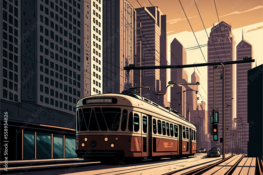 Naklejka premium a train traveling through a city next to tall buildings and traffic lights on a street corner with a traffic light in the foreground and a cityscape in the background with skyscrapers