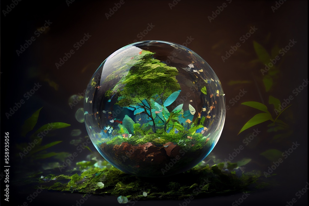 World environment and earth day concept with glass globe and eco friendly enviroment. Generative AI World environment and earth day concept with glass globe and eco friendly enviroment. Generative AI