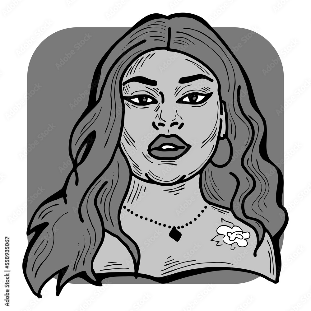 Beautiful young black woman smiling with white teeth. Model girl for beauty salon, hairdressing, cosmetic shop. Girl with long dark hair and big eyes. Hand drawn illustration. Cartoon style drawing. Beautiful young black woman smiling with white teeth. Model girl for beauty salon, hairdressing, cosmetic shop. Girl with long dark hair and big eyes. Hand drawn illustration. Cartoon style drawing.