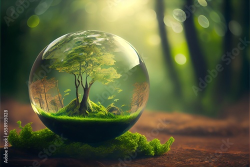 World environment and earth day concept with glass globe and eco friendly enviroment. Generative AI