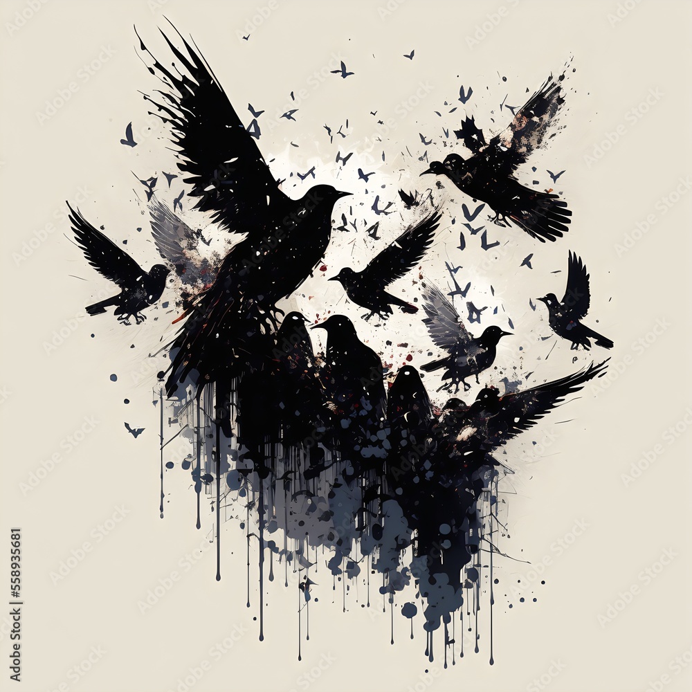 Splattered Ink Crows Swarm of birds ink splatter style created with AI Stock Illustration ...