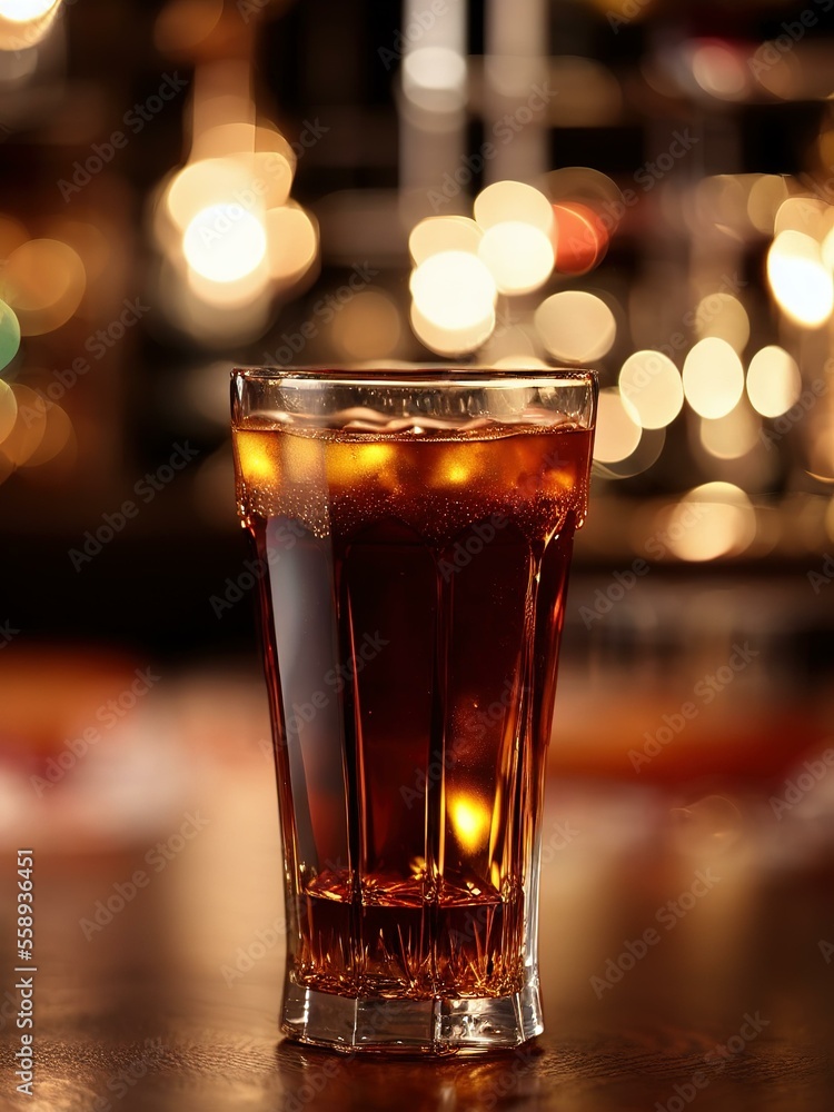 Cold soda cocktail with cola, dark rum and orange in a glass on a bar, bar restaurant background with bottles.