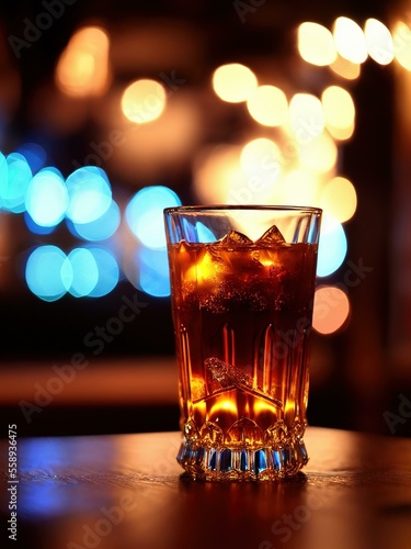 Cold soda cocktail with cola, dark rum and orange in a glass on a bar, bar restaurant background with bottles.