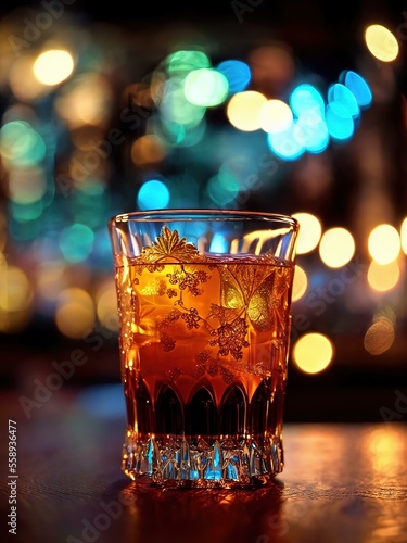 Cold soda cocktail with cola, dark rum and orange in a glass on a bar, bar restaurant background with bottles.