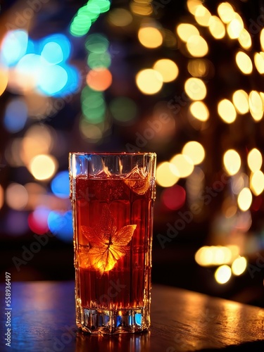 Cold soda cocktail with cola, dark rum and orange in a glass on a bar, bar restaurant background with bottles.