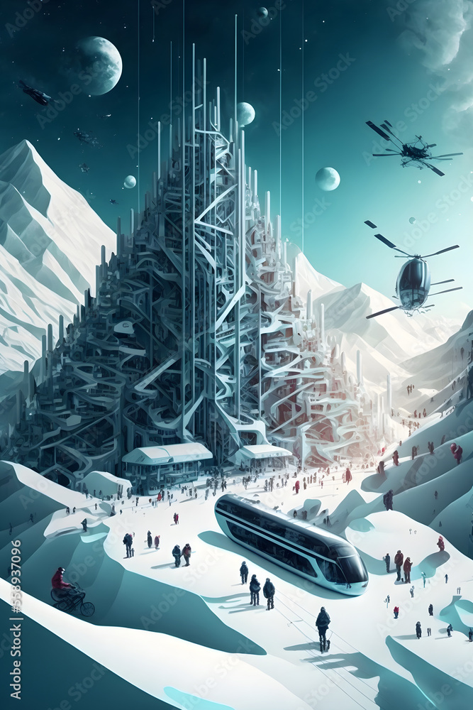 Futuristic ski resort with futuristic ski lift, in the style of 2020s posters, Generative AI