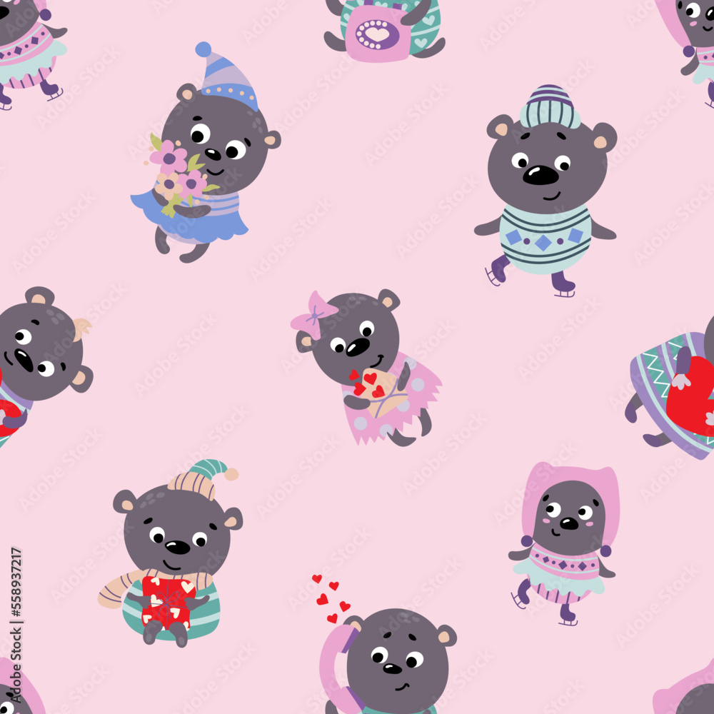 Seamless pattern with Valentine bears. Design for fabric, textile, wallpaper, packaging, wrapping paper. Seamless pattern with Valentine bears. Design for fabric, textile, wallpaper, packaging, wrapping paper.