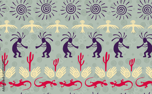 Kokopelli with flute, pangolin, hawk, sun symbol, hands and plant tribal vector seamless pattern.