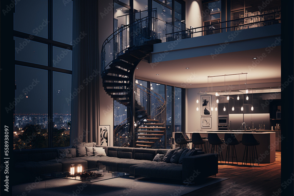 Penthouse Living Room, Luxury Apartment with Skyline City View, Generative ai - obrazy, fototapety, plakaty 