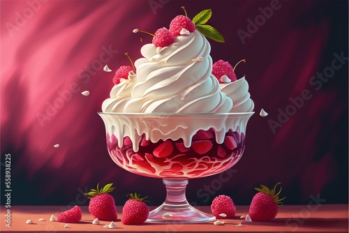 a painting of a dessert with whipped cream and strawberries on the table with a pink background and a pink backdrop with a pink backdrop with a pink hued area. Generative AI