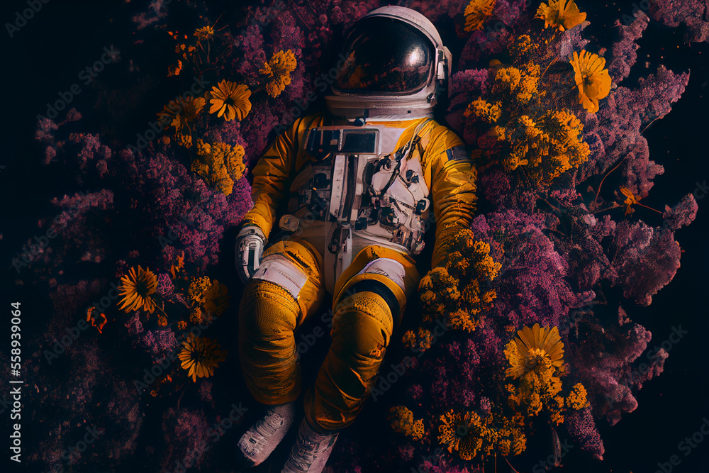 Astronaut Relaxing in purple and Yellow Flowers. Generative ai