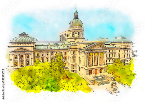 Indiana state capitol ,watercolor sketch illustration photo
