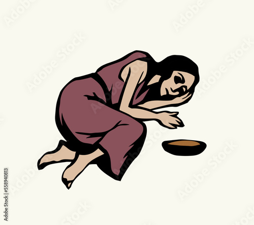 Girl suffering from hunger. Vector drawing